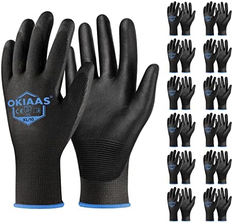 OKIAAS PU Coated Work Gloves Men, Ultra Grip & Lightweight, 12 Pairs Bulk by OKIAAS