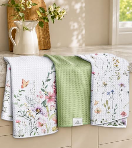 3pcs Double-Sided Waffle Kitchen Towels, Fresh Flowers by MuseHaus