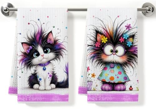 2 Pcs Funny Cat Kitchen Towels, Cat Theme Soft Absorbent Hand Tea Towels 01 by ZHAMEN