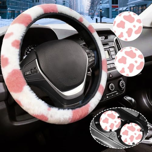 Pink Cow Print Fuzzy Steering Wheel Cover Universal-2PCS Car Coasters by Unknown