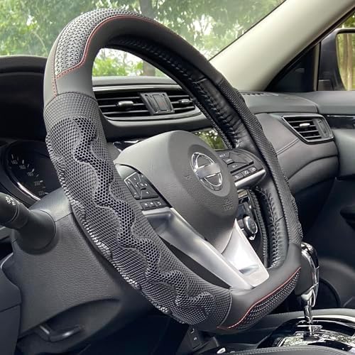 PINCTROT D Shaped 14 Inch Steering Wheel Cover Great Grip Black/Red Stitch by PINCTROT