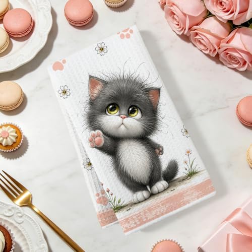 2 Pcs Cute Cat Kitchen Towels, Cat Theme Soft Absorbent Hand Tea Towels 04 - Image 2
