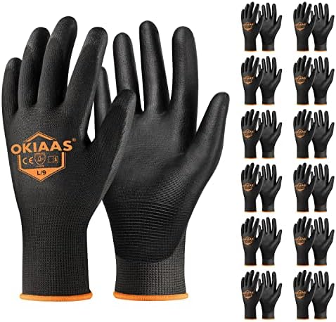 OKIAAS PU Coated Work Gloves Men, Ultra Grip & Lightweight, 12 Pairs Bulk by OKIAAS