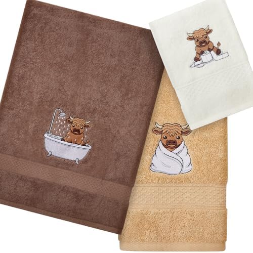 Peryiter 3 Pack Highland Cow Decorative Bath Towel Set by Peryiter