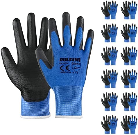 DULFINE Safety Work Gloves for Men & Women 12 Pairs, PU Coated Blue XL by DULFINE