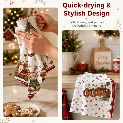 2 Pcs Christmas Kitchen Towels, Highland Cow Soft Absorbent Hand Tea Towels - Image 6