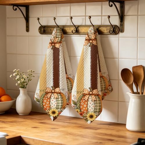 2 Pcs Pumpkin Fall Kitchen Towels, Striped Soft Absorbent Hand Tea Towels - Image 4