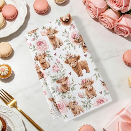 2 Pcs Cute Highland Cow Kitchen Towels, Cows Soft Absorbent Hand Towels 02 - Image 2