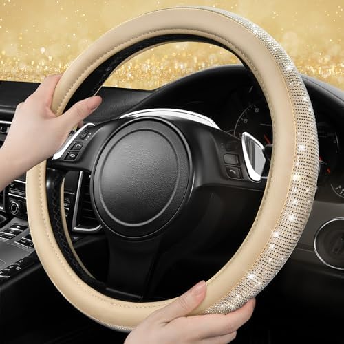 CAR PASS Bling Diamond Beige Leather Steering Wheel Cover - Image 3