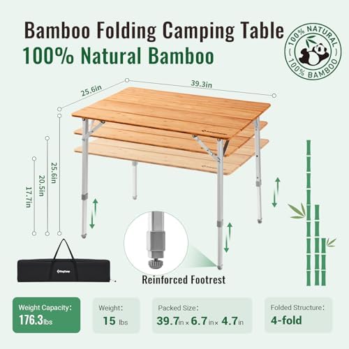 KingCamp Bamboo Folding Camping Table, 4-Fold Adjustable Outdoor Table - Image 2