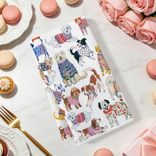 ZHAMEN 2 Pcs Cute Dog Kitchen Towels, Dogs Soft Absorbent Hand Tea Towel - Image 2