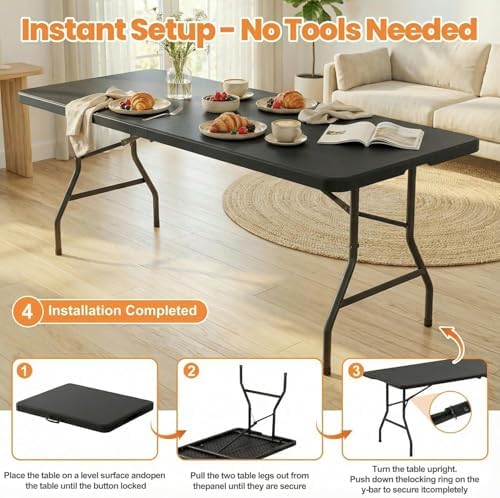 8 FT Folding Table Set with 6 Black Plastic Folding Chairs - Image 5