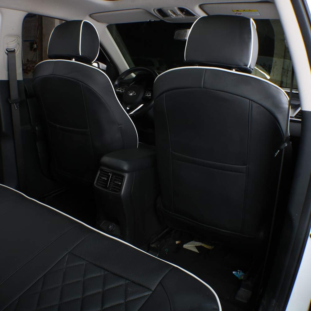 EKR Sportage Seat Covers Custom Fit for KIA Sportage S,EX,LX,SX,SX Turbo 2017 2018 2019 2020 2021 2022 Leather Car Seat Cover Full Set - Faux Leather(Black with White Piping)