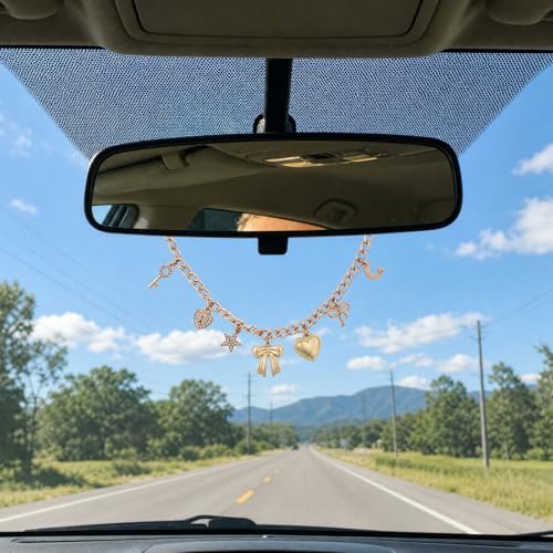Gold Pendant Rearview Mirror Charm Boho Aesthetic Heart Bowknot - Image 4