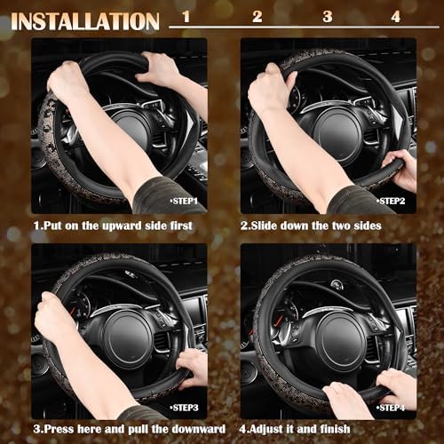 CAR PASS Bling Diamond Steering Wheel Cover Leopard Pattern, Sparkly Crystal - Image 6
