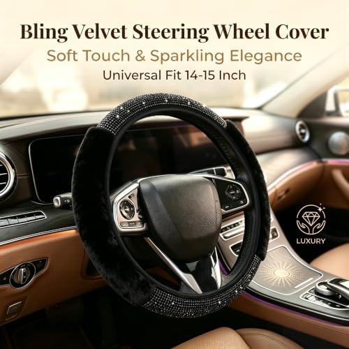 Black Bling Steering Wheel Cover Fluffy Rhinestone - Image 4