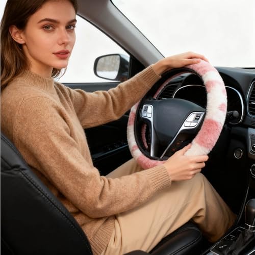 Pink Cow Print Fuzzy Steering Wheel Cover Universal-2PCS Car Coasters - Image 7