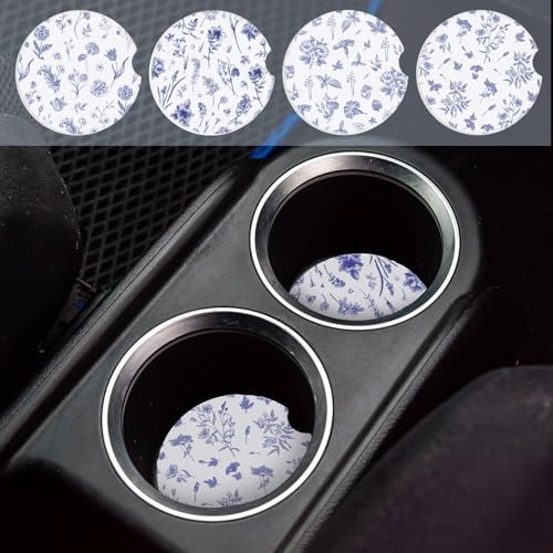 Boao 4 Pcs Vintage Blue Flower Car Cupholder Coasters - Image 4