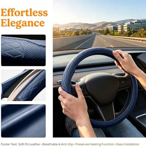 Zpana 14.5-15" Car Steering Wheel Cover, Breathable Soft Leather, Dark Blue - Image 6