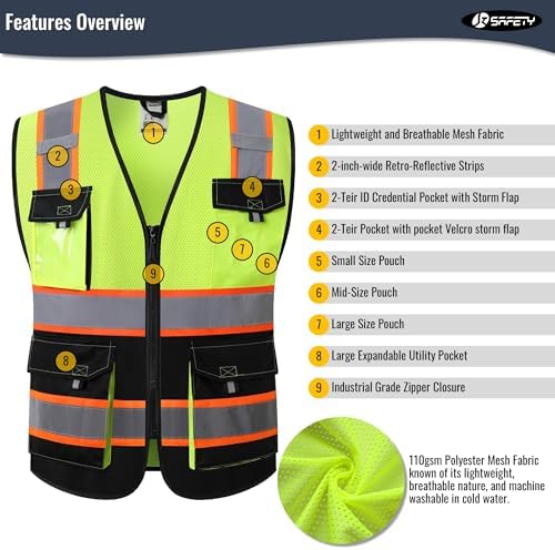 JKSafety Safety Vest for Men Women Hi Vis Reflective Vest JK220 YBlack L - Image 3