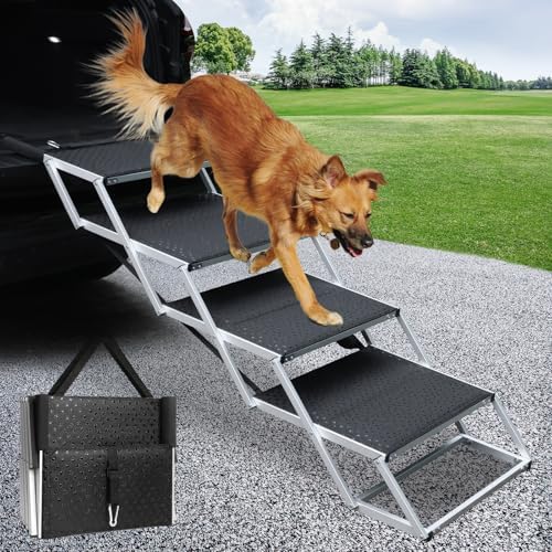 DGSL Folding Dog Stairs for Car, 16.9" Wide 4-Step Non-Slip Pet Steps by DGSL