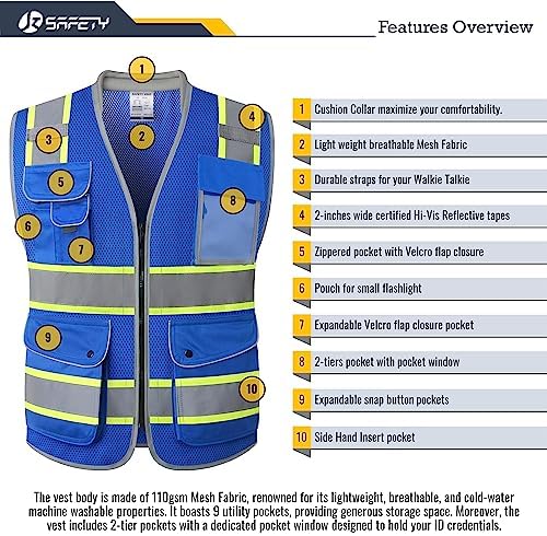 JKSafety Hi Vis Safety Vest for Men Women Cushioned Collar JK101 Blue XL - Image 4