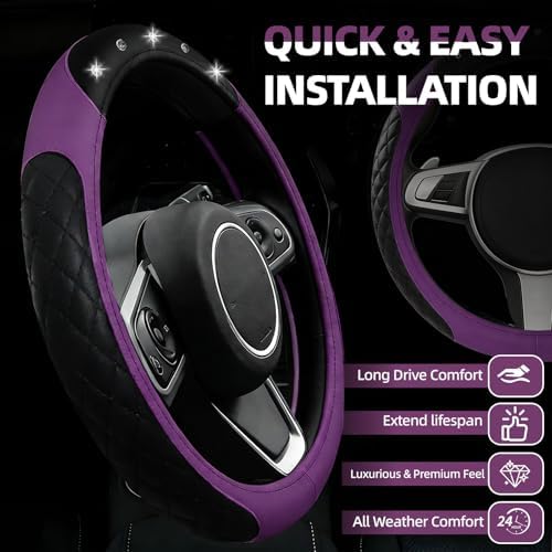 NBTEPEM 6 PCS Bling Purple Car Accessories Set, Leather Purple Steering Wheel - Image 2