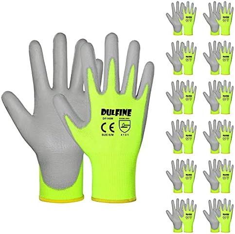 DULFINE Safety Work Gloves for Men & Women 12 Pairs, PU Coated Yellow L by DULFINE