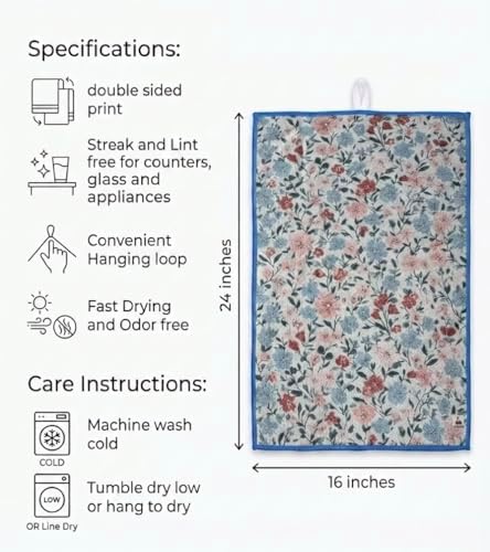 Blue and Pink Floral Kitchen Towels, Waffle Weave Microfiber, 2 Pack - Image 3