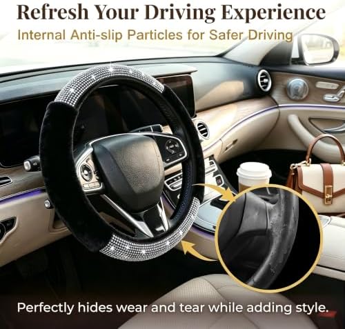 Bling Steering Wheel Cover Black Fluffy Rhinestone - Image 4