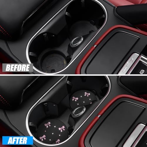 2PCS Car Coasters Rhinestone Bow Cup Holder Pad Anti-Slip Pink - Image 4