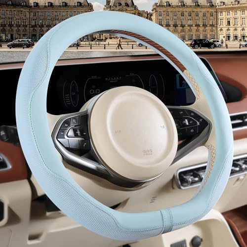Nappa Leather Blue D Shaped Steering Wheel Cover 15 inch - Image 2