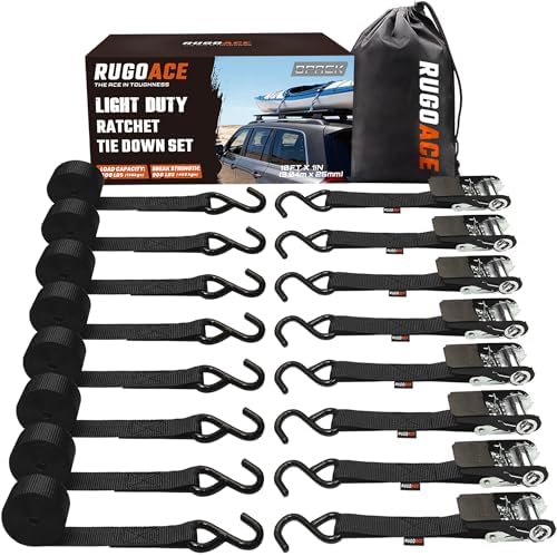 Ratchet Tie Down Straps 1in x 10ft 900 lbs Break Strength 8PK Black RUGOACE by RUGOACE