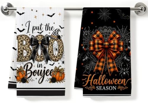 2 Pcs Halloween Kitchen Towels, Bat BOO Soft Absorbent Hand Tea Towels by ZHAMEN