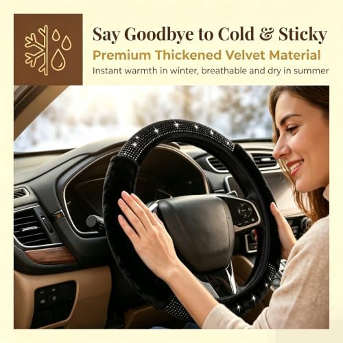 Black Bling Steering Wheel Cover Fluffy Rhinestone - Image 3
