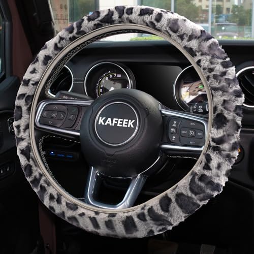 KAFEEK Gray Leopard Fuzzy Steering Wheel Cover - Image 3
