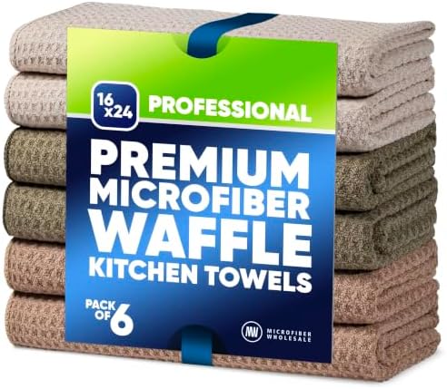 Kitchen Towels, Waffle Weave Microfiber, Sand Olive Tan, 6 Pack by MicrofiberWholesale