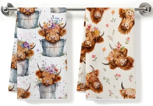 2 Pcs Cute Highland Cow Kitchen Towels, Cows Soft Absorbent Hand Towels 03 by ZHAMEN