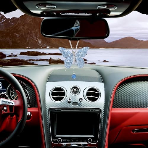 Rhinestone Butterfly Rearview Mirror Ornament, Light Blue - Image 6