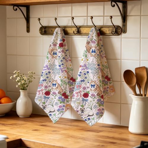 ZHAMEN 2 Pcs Cute Cat Kitchen Towel, Floral Soft Absorbent Hand Tea Towel - Image 4