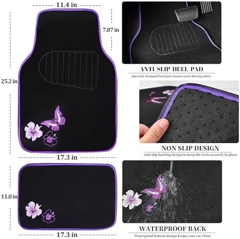 CAR PASS Embroidery Butterfly and Flower Car Floor Mats, Universal Fit 95% - Image 3