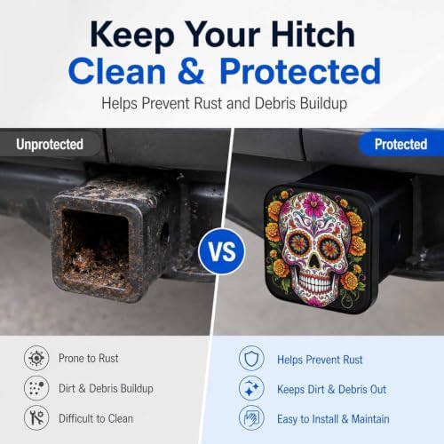 Hitch Cover Receiver Tube Hitch Plug Sugar Skull Flowers, Tool-Free Install Tow - Image 5