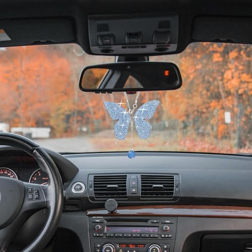 Rhinestone Butterfly Rearview Mirror Ornament, Light Blue - Image 5