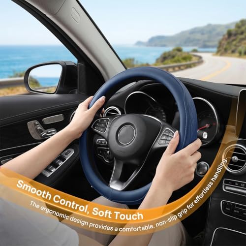 Zpana 14.5-15" Car Steering Wheel Cover, Breathable Soft Leather, Dark Blue - Image 5