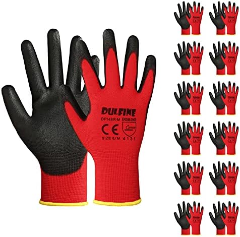 DULFINE Safety Work Gloves for Men & Women 12 Pairs, PU Coated Red XL by DULFINE
