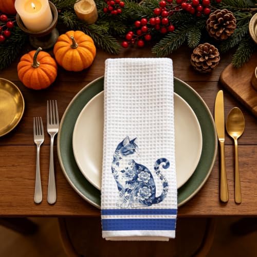 Chinoiserie Cat Kitchen Towel, Porcelain Style Cat Decor Dish Towel - Image 5