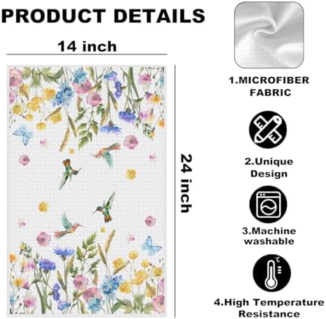 Hummingbird Kitchen Towels, Colorful Wildflower Humming Bird Hand Towels - Image 2