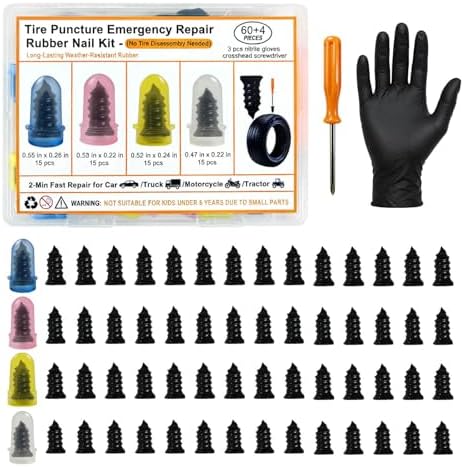 64 PCS Tire Repair Screws Rubber Nail Kit, 4 Sizes Screw in Tire Plugs by Unknown