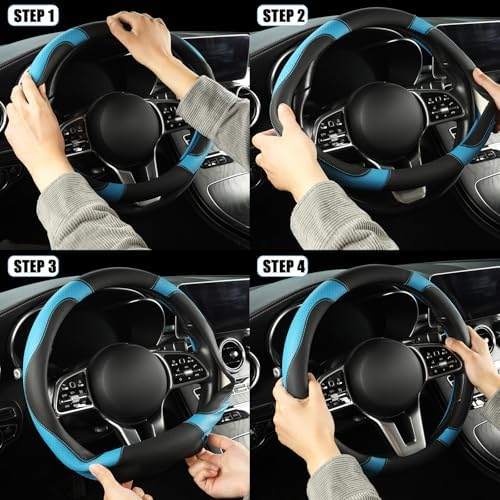 Black Blue Microfiber Leather Steering Wheel Cover 14 inch - Image 6