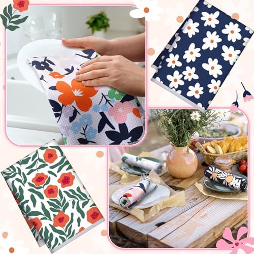 Boyiee Set of 6 Spring Waffle Kitchen Towels Floral Waffle Weave Tea Dish - Image 3